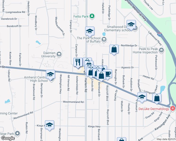 map of restaurants, bars, coffee shops, grocery stores, and more near 4511 Harlem Road in Amherst