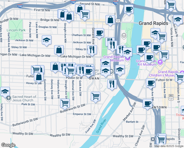 map of restaurants, bars, coffee shops, grocery stores, and more near 35 Seward Avenue Northwest in Grand Rapids