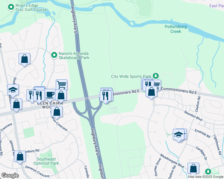 map of restaurants, bars, coffee shops, grocery stores, and more near 179 Meadowlily Road South in London