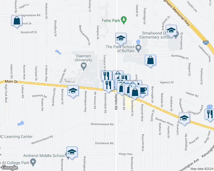 map of restaurants, bars, coffee shops, grocery stores, and more near 4446 Main Street in Buffalo