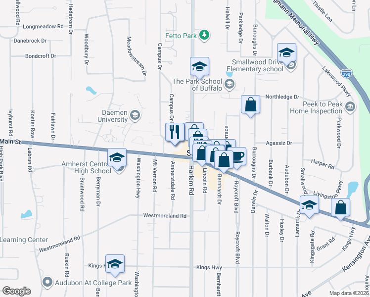 map of restaurants, bars, coffee shops, grocery stores, and more near 4476 Main Street in Buffalo
