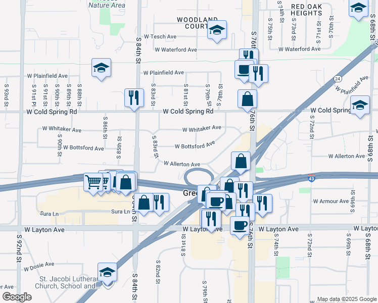 map of restaurants, bars, coffee shops, grocery stores, and more near 8020 West Bottsford Avenue in Greenfield