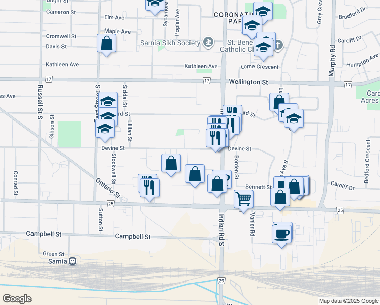 map of restaurants, bars, coffee shops, grocery stores, and more near 863 Devine Street in Sarnia