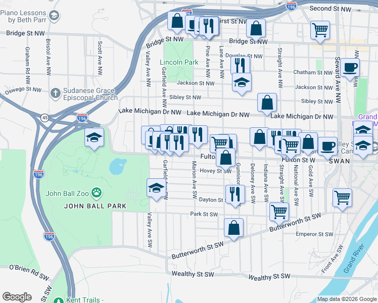 map of restaurants, bars, coffee shops, grocery stores, and more near 23 Marion Avenue Northwest in Grand Rapids