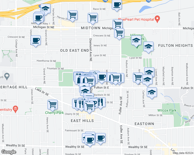 map of restaurants, bars, coffee shops, grocery stores, and more near 1020 Helen Street Northeast in Grand Rapids