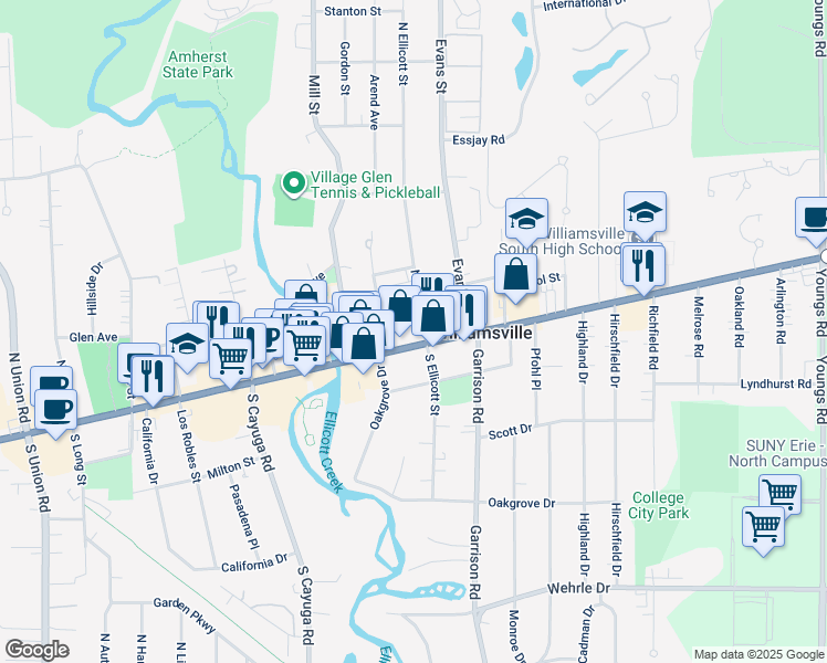 map of restaurants, bars, coffee shops, grocery stores, and more near 54 Swan Place in Buffalo
