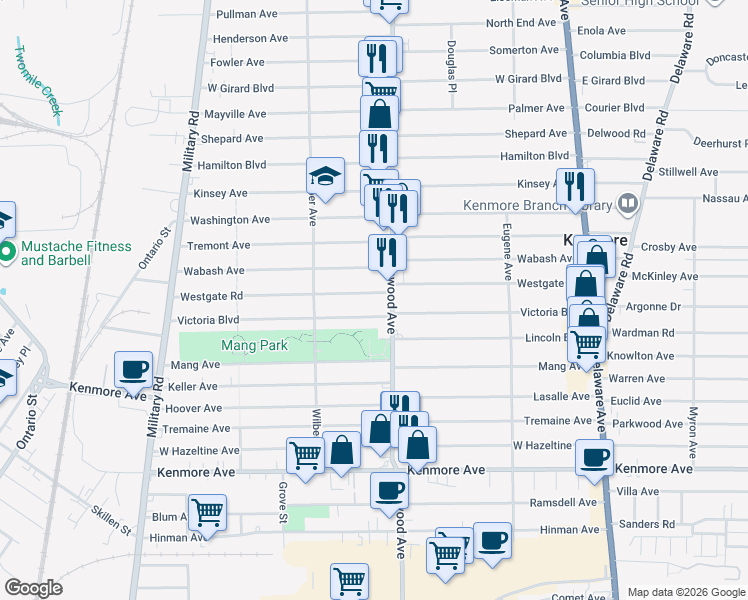 map of restaurants, bars, coffee shops, grocery stores, and more near 2470 Elmwood Avenue in Buffalo