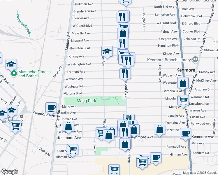 map of restaurants, bars, coffee shops, grocery stores, and more near 309 Westgate Road in Buffalo