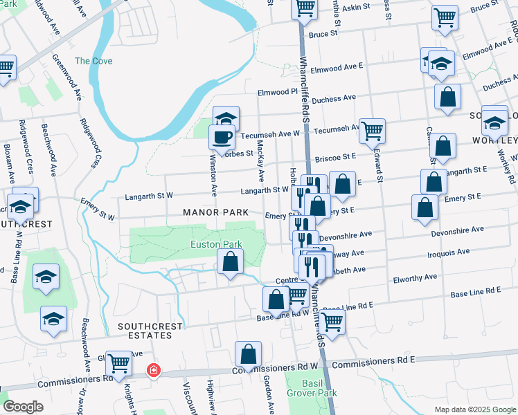 map of restaurants, bars, coffee shops, grocery stores, and more near 64 Mackay Avenue in London
