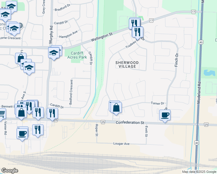 map of restaurants, bars, coffee shops, grocery stores, and more near 329 Trudeau Drive in Sarnia