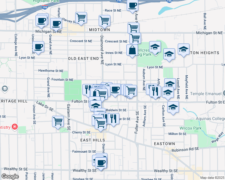 map of restaurants, bars, coffee shops, grocery stores, and more near 60 Caroline Place Northeast in Grand Rapids