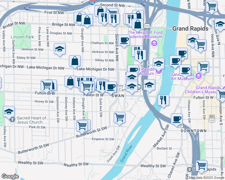 map of restaurants, bars, coffee shops, grocery stores, and more near 35 Seward Avenue Northwest in Grand Rapids