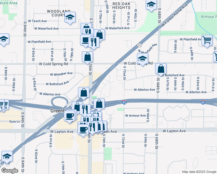map of restaurants, bars, coffee shops, grocery stores, and more near 4442 South Green Ridge Circle in Greenfield