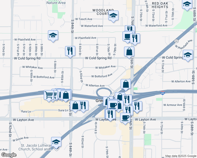 map of restaurants, bars, coffee shops, grocery stores, and more near 8020 West Bottsford Avenue in Greenfield