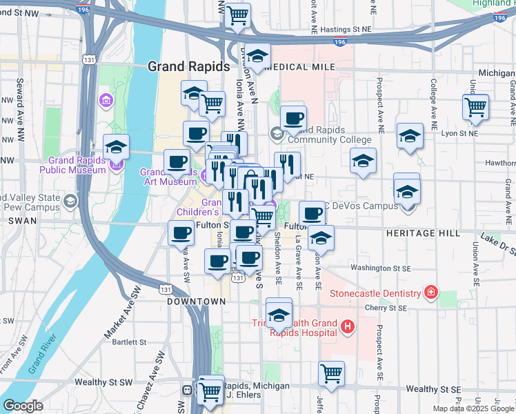 map of restaurants, bars, coffee shops, grocery stores, and more near 16 Monroe Center Street Northwest in Grand Rapids
