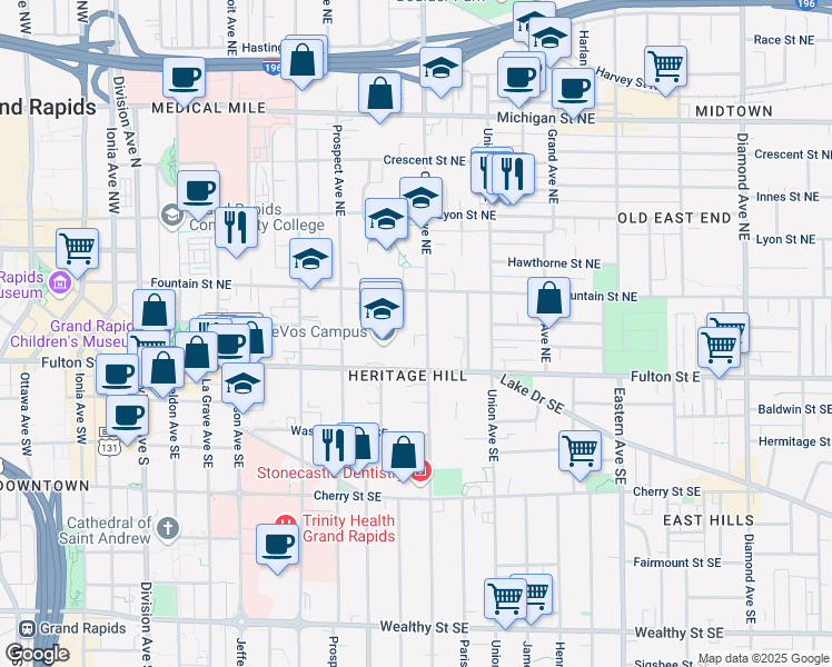 map of restaurants, bars, coffee shops, grocery stores, and more near 31 College Avenue Northeast in Grand Rapids