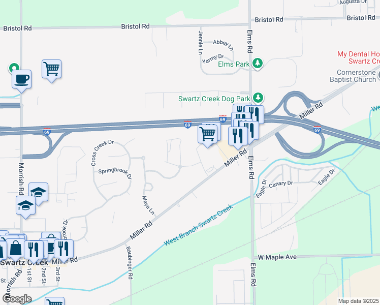 map of restaurants, bars, coffee shops, grocery stores, and more near 4276 Kroger Drive in Swartz Creek