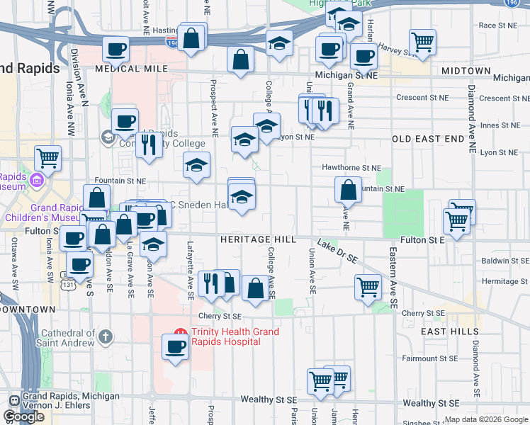 map of restaurants, bars, coffee shops, grocery stores, and more near 53 College Avenue Southeast in Grand Rapids