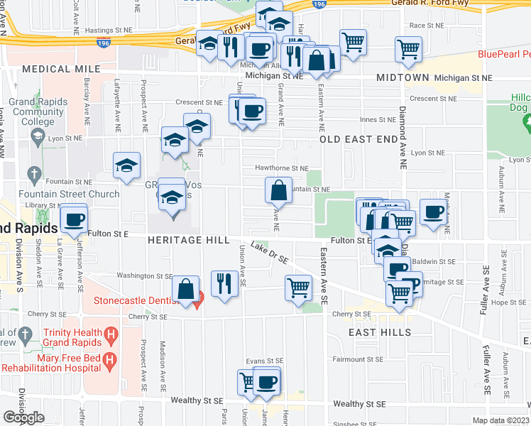 map of restaurants, bars, coffee shops, grocery stores, and more near 636 Atwood Street Northeast in Grand Rapids