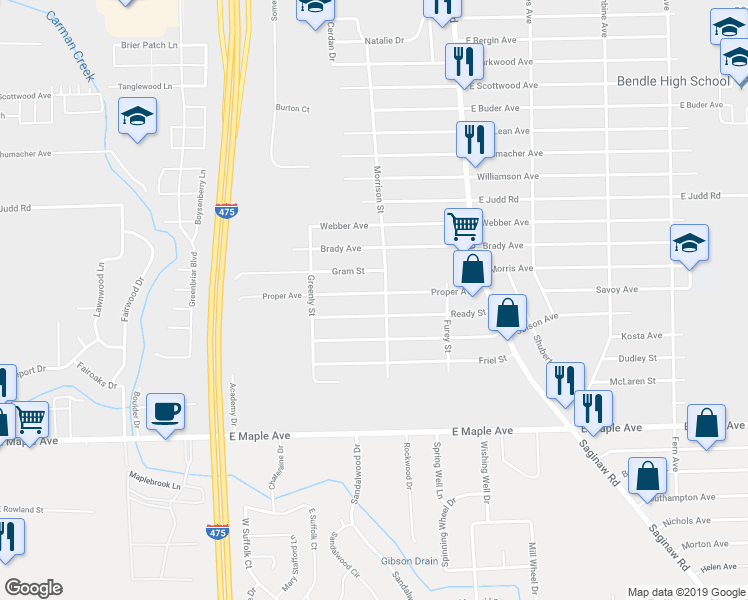 map of restaurants, bars, coffee shops, grocery stores, and more near 1426 Proper Avenue in Burton