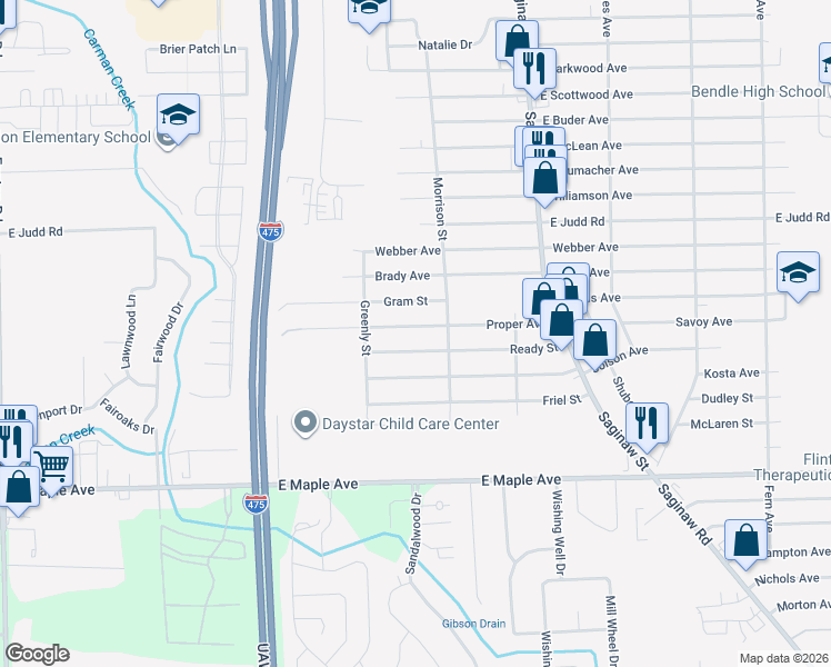 map of restaurants, bars, coffee shops, grocery stores, and more near 1410 Proper Avenue in Burton