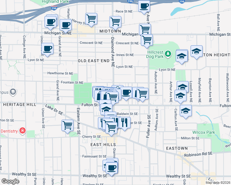 map of restaurants, bars, coffee shops, grocery stores, and more near 63 Iris Place Northeast in Grand Rapids