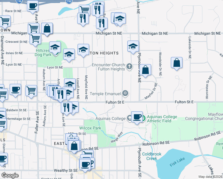 map of restaurants, bars, coffee shops, grocery stores, and more near 65 Wallinwood Avenue Northeast in Grand Rapids