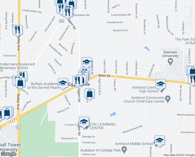 map of restaurants, bars, coffee shops, grocery stores, and more near 4025 Main Street in Buffalo