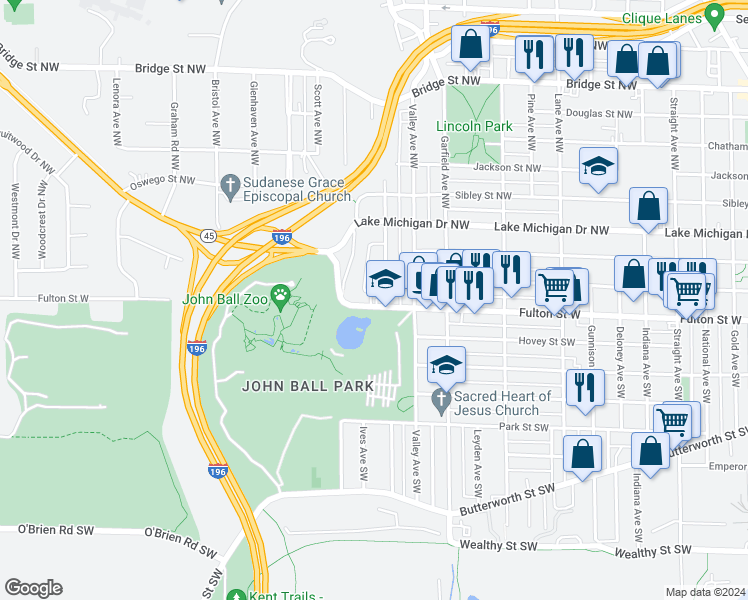 map of restaurants, bars, coffee shops, grocery stores, and more near 1311 Fulton West in Grand Rapids