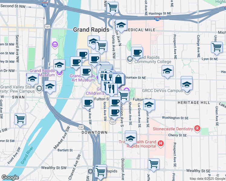 map of restaurants, bars, coffee shops, grocery stores, and more near in Grand Rapids