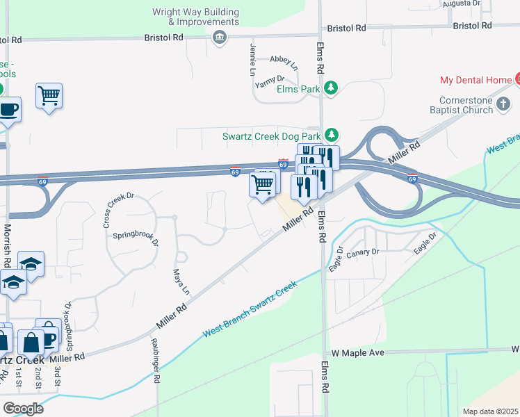 map of restaurants, bars, coffee shops, grocery stores, and more near 7084 Miller Road in Swartz Creek