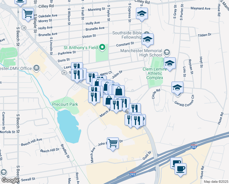 map of restaurants, bars, coffee shops, grocery stores, and more near 72 Gabrielle Street in Manchester