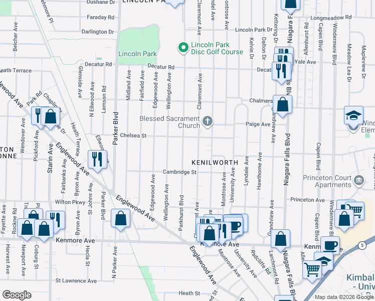 map of restaurants, bars, coffee shops, grocery stores, and more near 217 Parkhurst Boulevard in Buffalo