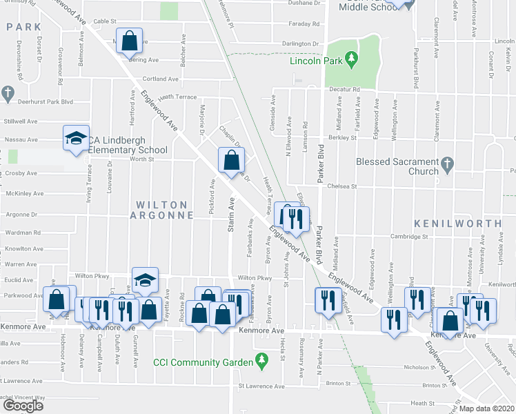 map of restaurants, bars, coffee shops, grocery stores, and more near 9 Marjorie Drive in Buffalo