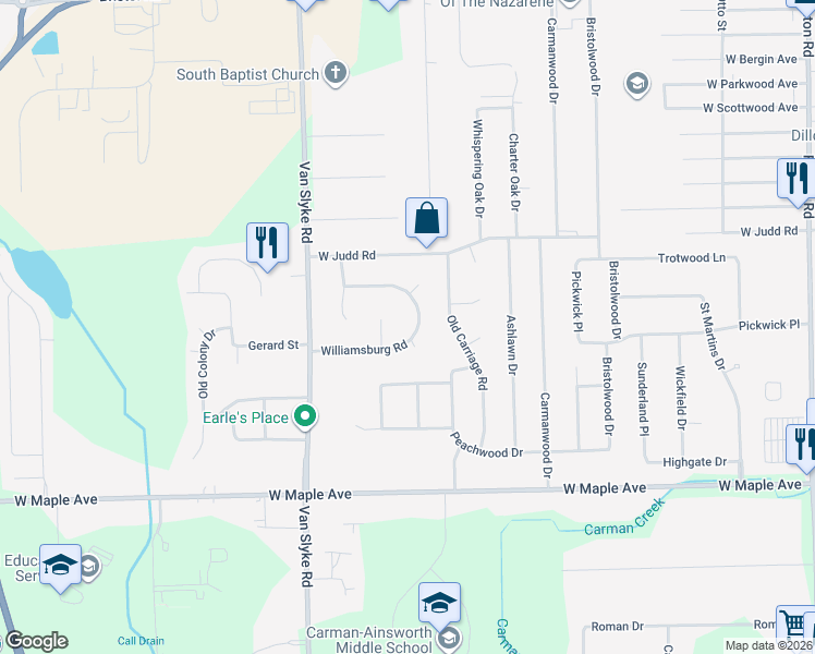 map of restaurants, bars, coffee shops, grocery stores, and more near 4345 Captains Lane in Flint