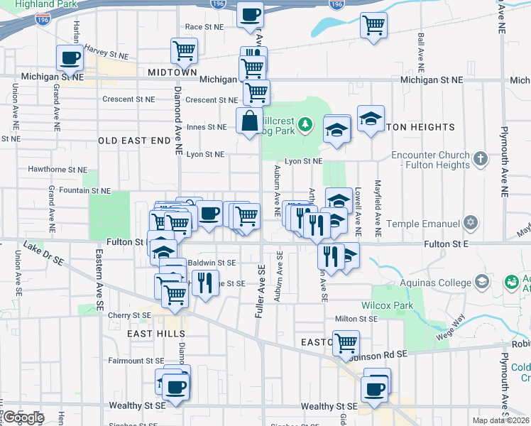 map of restaurants, bars, coffee shops, grocery stores, and more near 64 Fuller Avenue Northeast in Grand Rapids
