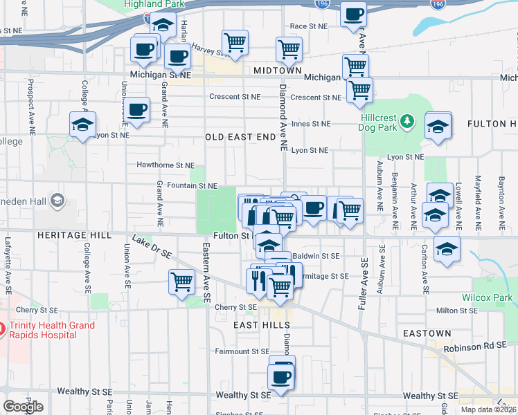map of restaurants, bars, coffee shops, grocery stores, and more near 57 Holland Avenue Northeast in Grand Rapids