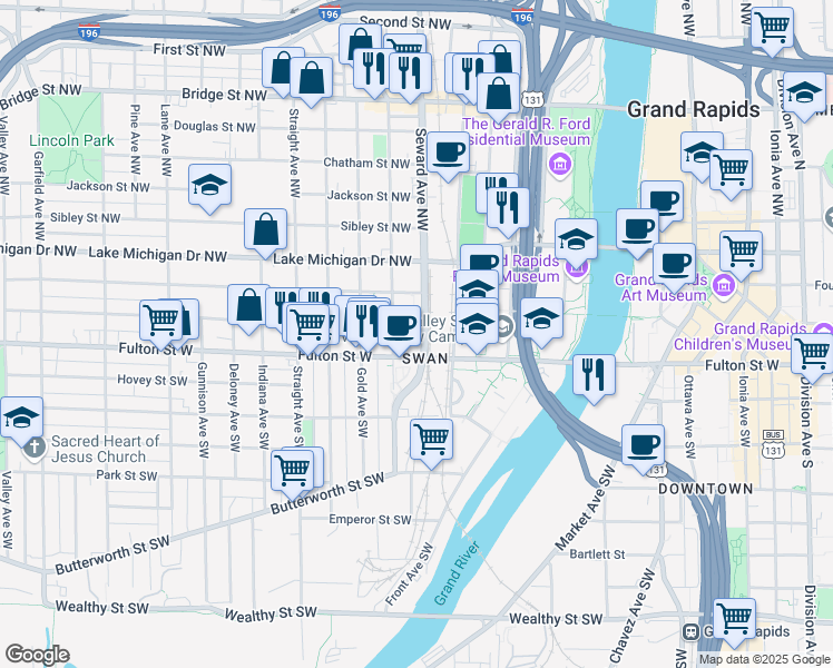 map of restaurants, bars, coffee shops, grocery stores, and more near 35 Seward Avenue Northwest in Grand Rapids