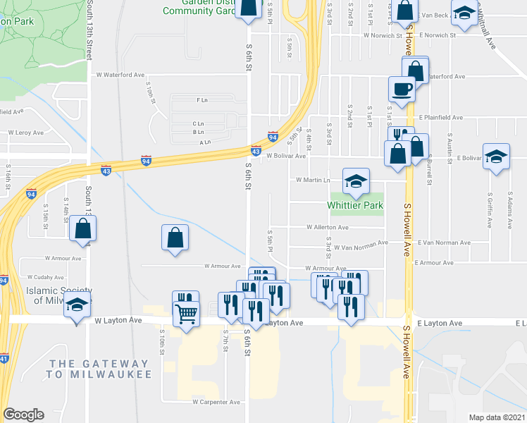 map of restaurants, bars, coffee shops, grocery stores, and more near 4394 South 5th Place in Milwaukee