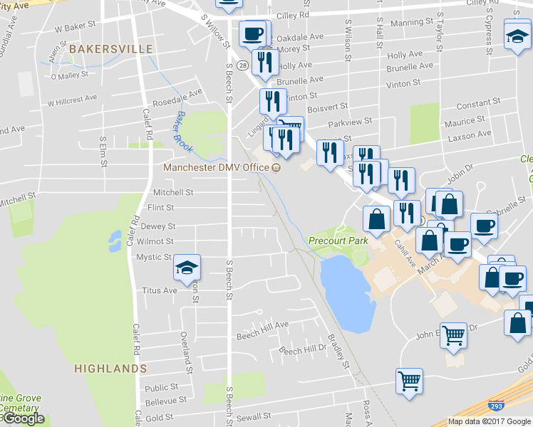 map of restaurants, bars, coffee shops, grocery stores, and more near 94 Marguerite Street in Manchester