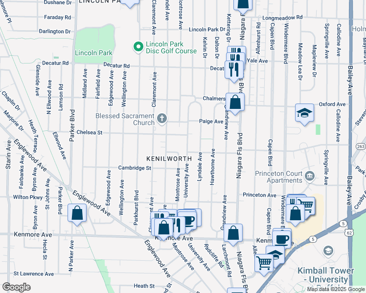 map of restaurants, bars, coffee shops, grocery stores, and more near 451 University Avenue in Buffalo