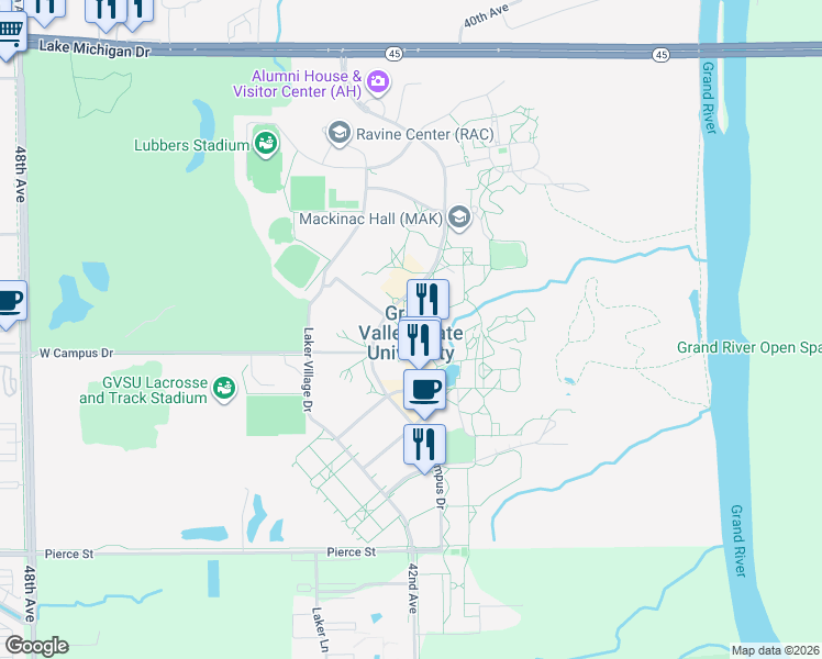 map of restaurants, bars, coffee shops, grocery stores, and more near 1 Campus Drive in Allendale