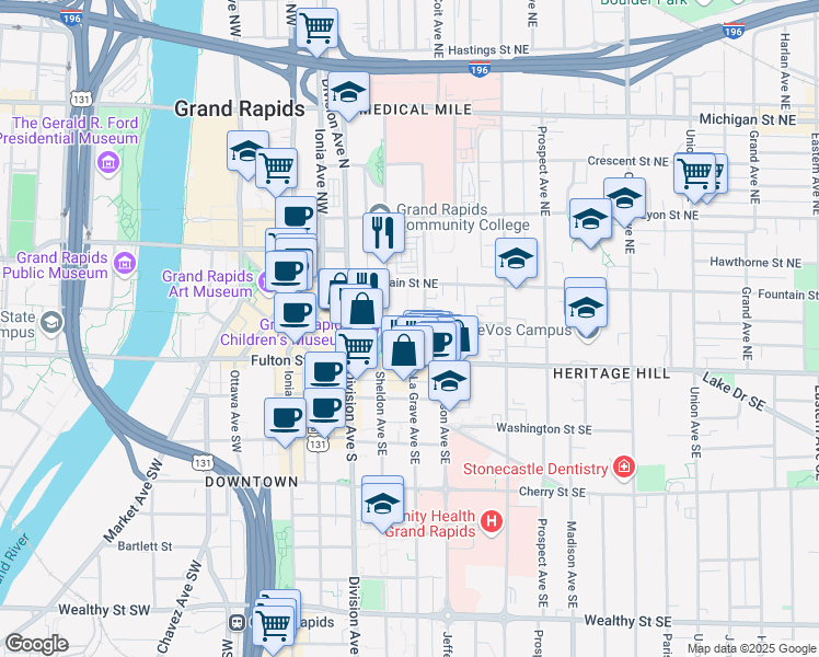 map of restaurants, bars, coffee shops, grocery stores, and more near 10 East Park Place Northeast in Grand Rapids