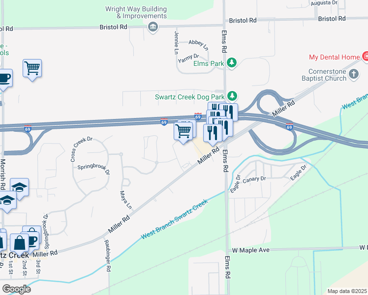 map of restaurants, bars, coffee shops, grocery stores, and more near 7084 Miller Road in Swartz Creek