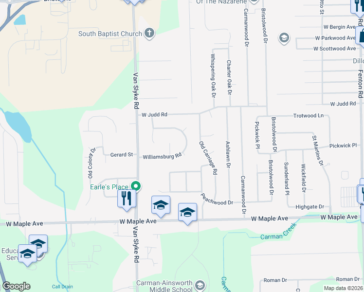 map of restaurants, bars, coffee shops, grocery stores, and more near 4345 Captains Lane in Flint