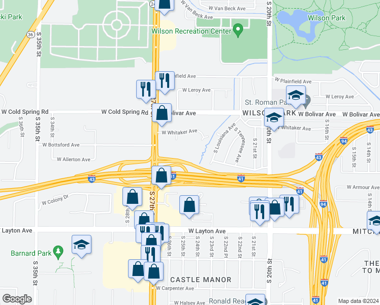 map of restaurants, bars, coffee shops, grocery stores, and more near 4450 South 27th Street in Milwaukee