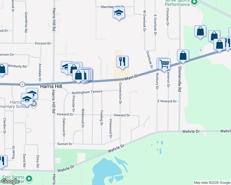 map of restaurants, bars, coffee shops, grocery stores, and more near 8700 Nottingham Terrace in Buffalo