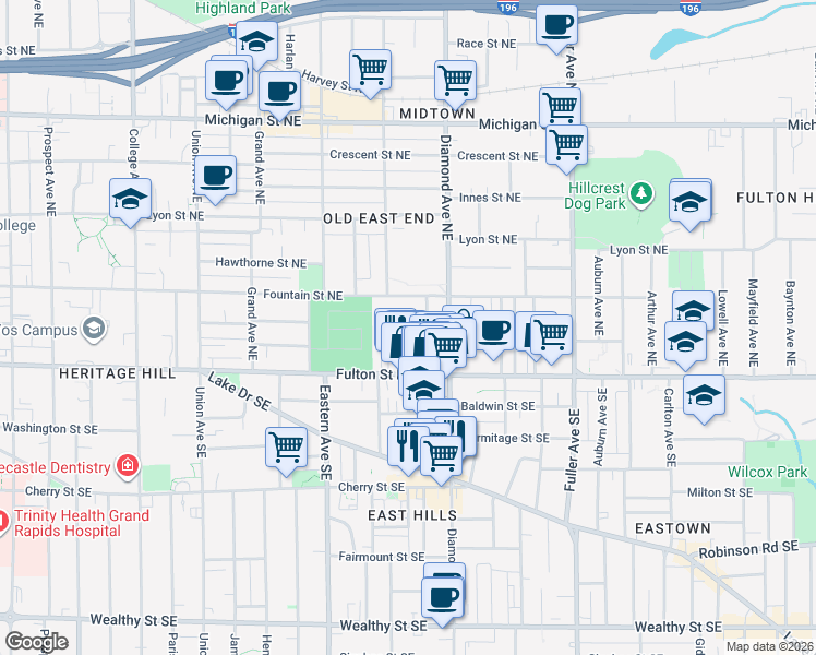 map of restaurants, bars, coffee shops, grocery stores, and more near 904 Zeeland Court Northeast in Grand Rapids