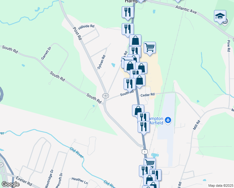 map of restaurants, bars, coffee shops, grocery stores, and more near 53 South Road in North Hampton
