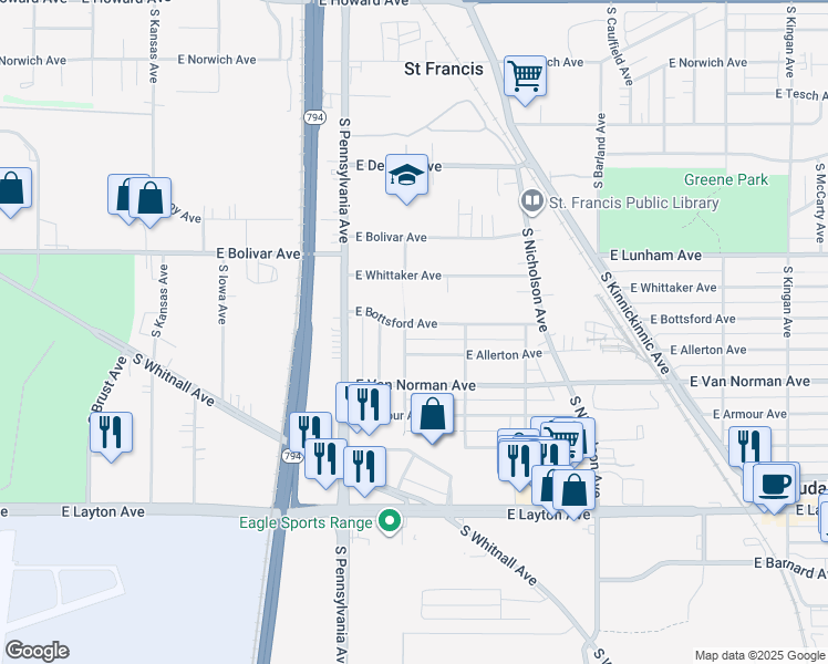 map of restaurants, bars, coffee shops, grocery stores, and more near 2532 East Bottsford Avenue in Saint Francis